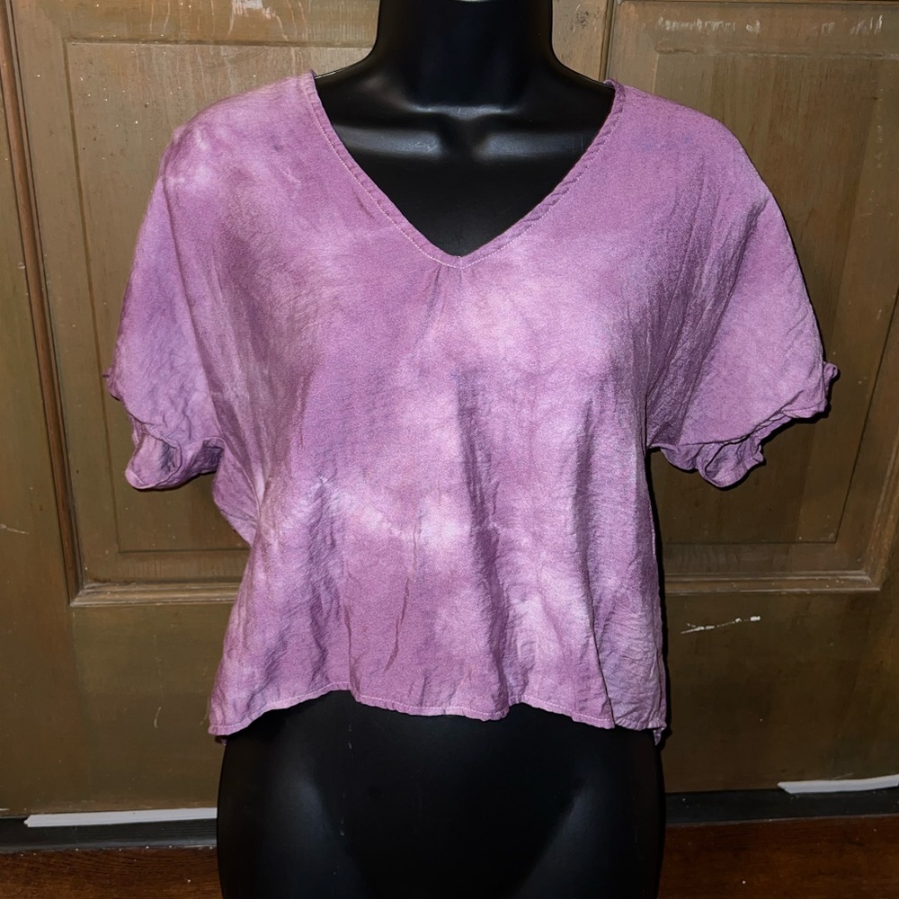 Alya Francesca’s Purple & Ivory Tie Dye Boho Short Sleeve Boxy Crop Top Size S